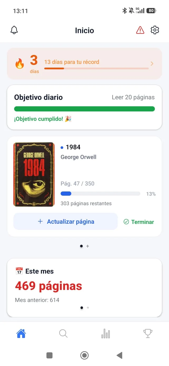 Pantalla de inicio de LectorApp con la racha de lectura y el objetivo diario