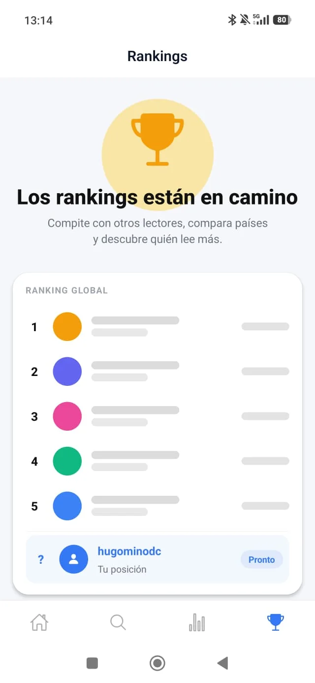 Pantalla de Rankings de LectorApp, con el ranking global y tu posición